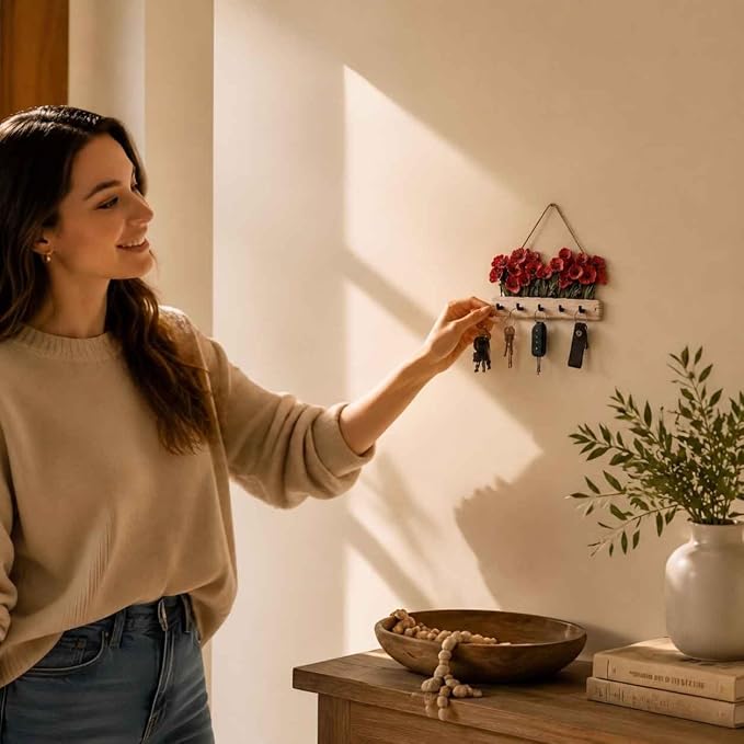 Oak & Hearth Wooden Key Holder for Wall – Rustic Poppy Flower Key Rack with 6 Hooks – Farmhouse Entryway Organizer & Wall Decor