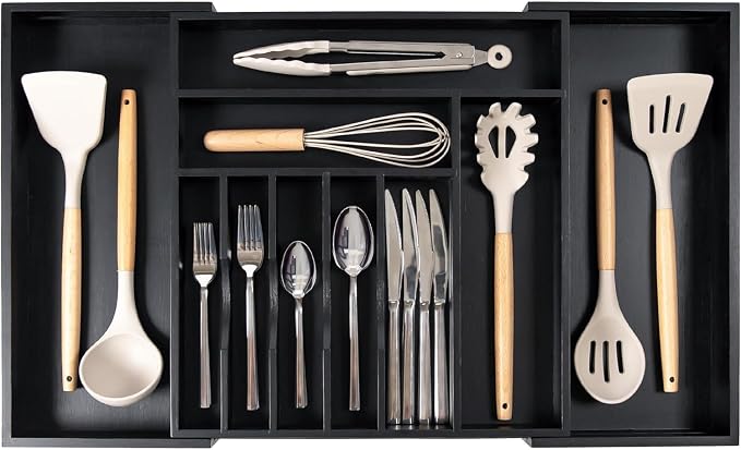 KitchenEdge Silverware & Utensil Drawer Organizer, 16-28 in, Black Bamboo | Cutlery, flatware, food-safe contract grade, kitchen drawer fit