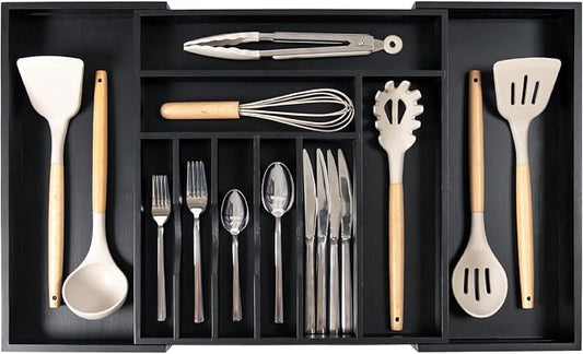KitchenEdge Silverware & Utensil Drawer Organizer, 16-28 in, Black Bamboo | Cutlery, flatware, food-safe contract grade, kitchen drawer fit