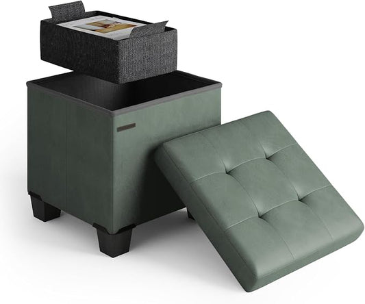 Storage Ottoman Cube with Small Bin, 15-in Square Ottoman with Storage for Living Room and Bedroom, Small Ottomans Foot Rest, Leather Foot Stools Ottomans Max 330lbs, Green