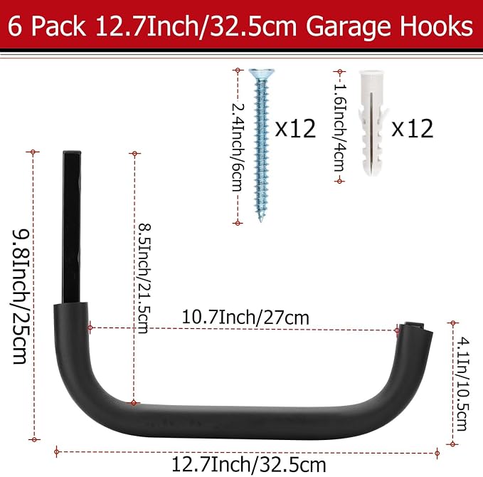 Heavy Duty Garage Storage Hooks, 12.4 Inch Ladder Storage Hanger, Wall Mount Utility Hook for Outdoor Indoor Organizer Folding Chairs, Bike, Tools, Water Pipes
