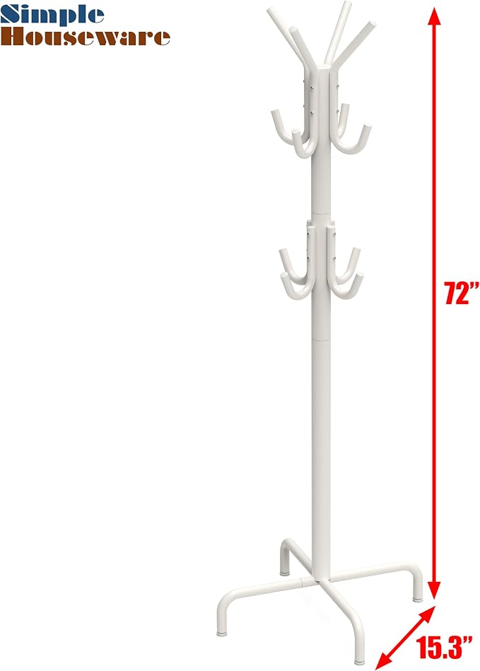 Simple Houseware Standing Coat/Hat Hanger Organizer Rack, 12 Hooks, White | For Entryway, Bedroom, and Hallway