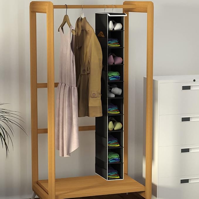 Libeder 10-Shelf Hanging Shoe Organizers with Side Pockets, Black | Hanging Closet Organizer with Side Pockets for Wardrode,Dorm, Folding Shoe Racks, Space Saving Hanging Shelves with Hooks