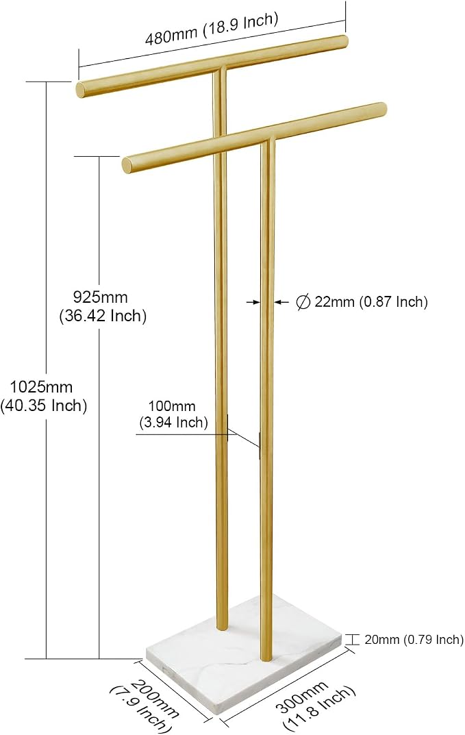 40 Inch Standing Towel Rack for Bathroom Floor Double-T Shape Bath Sheet Holder with Marble Design Base Towel Rack Freestanding Next to Tub or Shower Towel Holder Stand SUS304 Brushed Gold