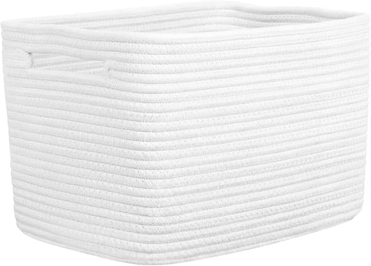 Storage Baskets for Organizing, 14 x 10 x 9” Closet Shelf Woven Baskets, Square Bins with Handles, Cotton Rope Basket for Clothes, Office, Room, White 1 Pack