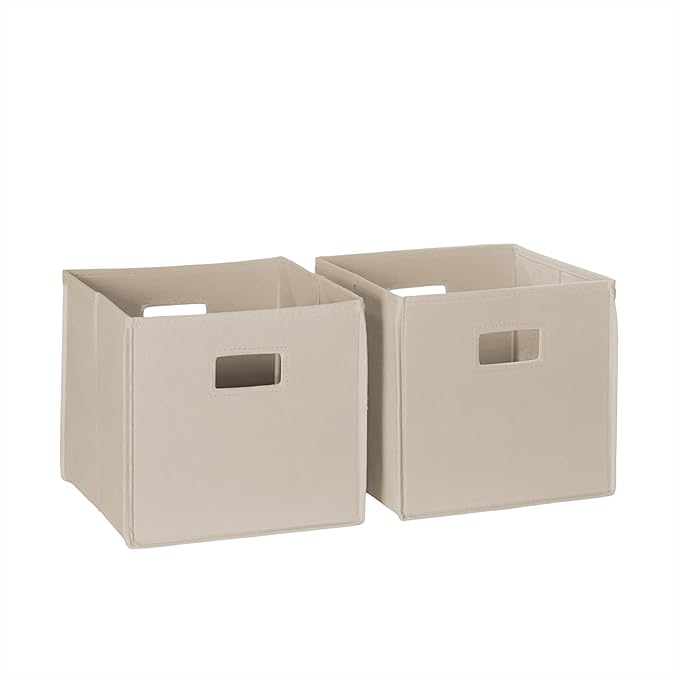 RiverRidge Folding Storage Bins - 2-pack of 10in Tall Taupe Cubes | Fabric Bins, Set of 2 Storage Cubes, Cut-out Handles, Playroom Closet Organizer, Collapsible Cubby with Bottom Board Insert