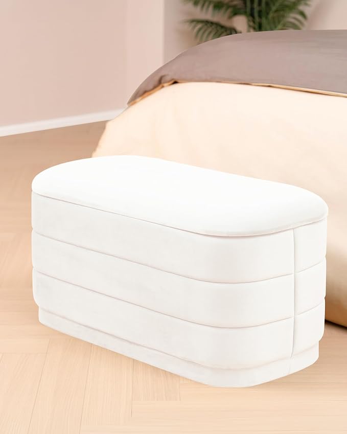 B FSOBEIIALEO Velvet Storage Ottoman with Tray, Folding Ottoman with Storage Coffee Table Shoes Bench for Dorm Room, Living Room White, 30"x15"x15"