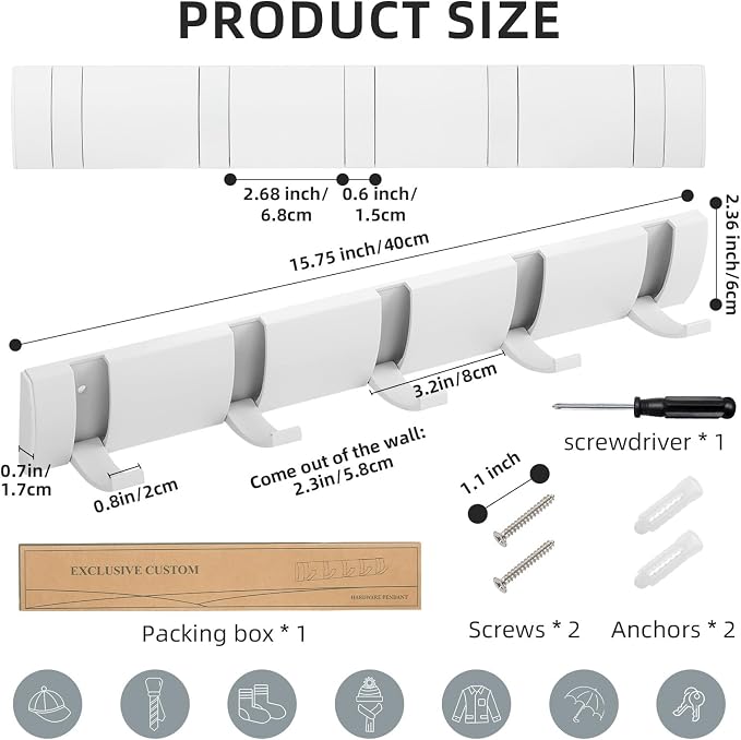 Foldable Stylish Modern Hook Rack with 5 Hooks, Coat Hooks Wall Mount, Metal Coat Hook Rail for Coat Hat Towel Purse Robes Mudroom Bathroom Entryway (White)