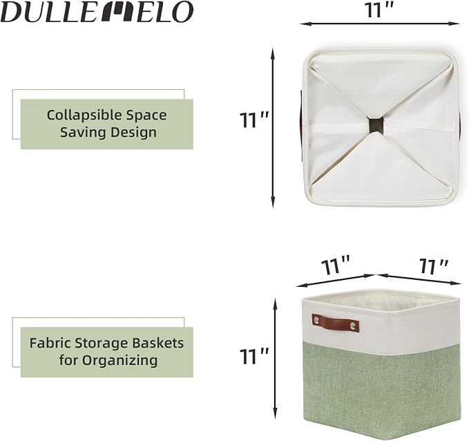 DULLEMELO Storage Baskets for Organizing, Fabric Storage Cubes for Box, 11 Inch Decorative Cube Storage Bins with handle for Gift Basket(4 Pack - 11" White&Green)