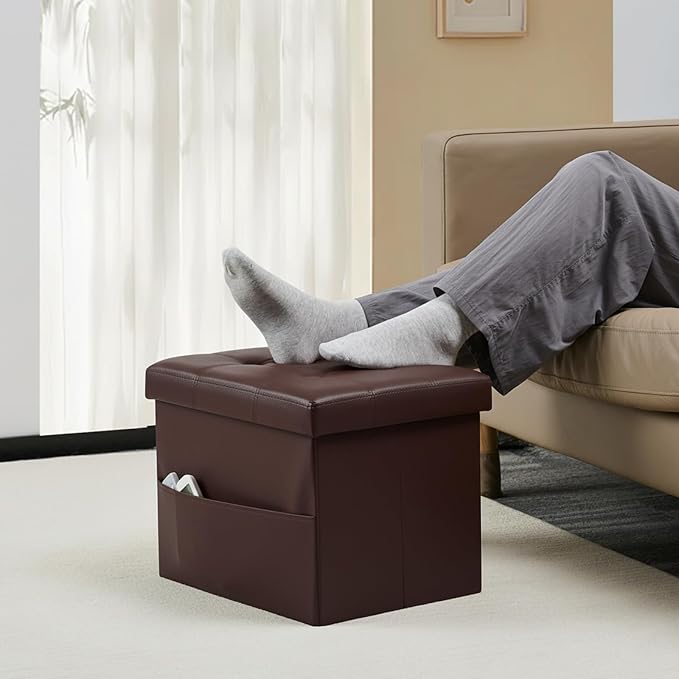 Bsketa Storage Ottoman Bench,17 Inch Folding Leather Foot Rest Stool, Brown | Small Ottoman with Side Pockets, Thicker Foam Padded Seat, Livingroom, Dorm, Bedroom, Easy to install, 43L,17x13x13in