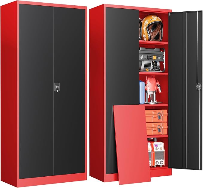 Metal Garage Storage Cabinets with Lock, 72" Tall Tool Cabinet with 2 Door and 4 Adjustable Shelves, Locking Garage Cabinets and Lockable Steel Locker for Home Office Warehouse-(Red Black-72”H)