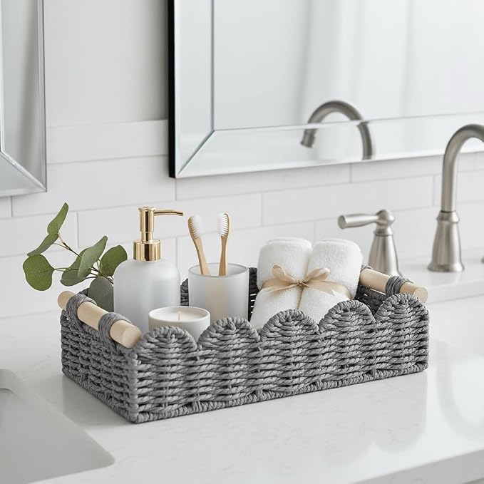 CubesLand Toilet Paper Storage Basket Organizer, Small Wicker Decor Basket | Toilet Tank Top Decorative Basket for Countertop, Handwoven Scalloped Basket W/Handle for Home Decor Living Room, Grey