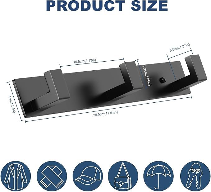 PMMASTO Coat Rack Wall Mount, Coat Hooks Wall Hooks for Hanging, Stainless Steel Coat Hanger Towel Hooks for Bathrooms, Coat Rack Hat Rack (Black 3 Hooks, 1 Pack)