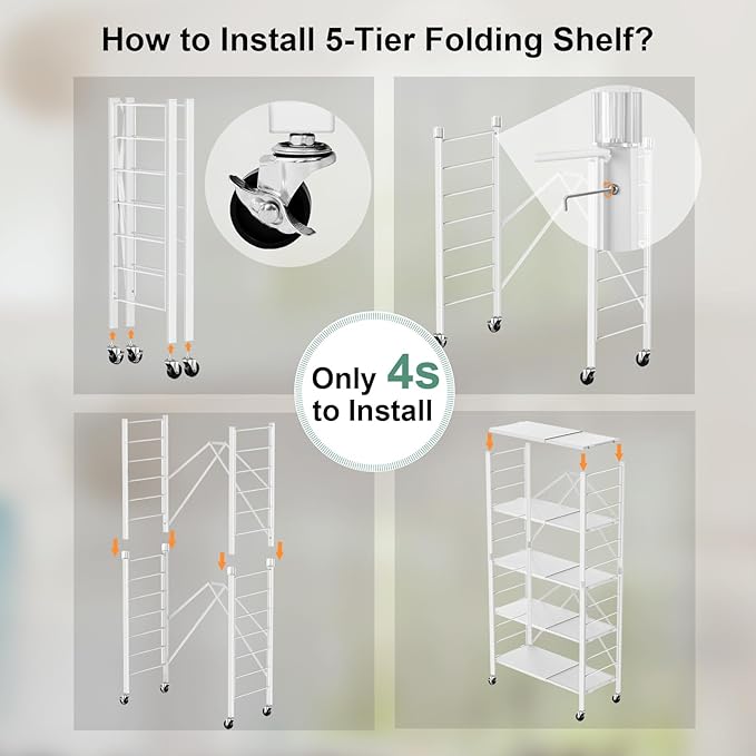 Himix 5-Tier Foldable Storage Shelves with Wheels Expandable Kitchen White