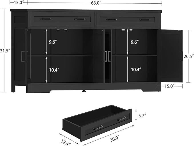 usikey 63" Buffet Cabinet with Storage, Large Sideboard Buffet Cabinet with 2 Adjustable Shelves and 4 Doors, Modern Farmhouse Coffee Bar for Kitchen, Living Room, Black