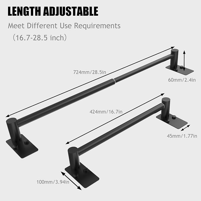Adjustable Towel Bar, 16.7inch to 28.5inch Towel Racks for Bathroom, Self Adhesive Towel Rack Wall Mounted, 304 Stainless Steel Stick on Bathroom Towel Rod (Matte Black, 1 Pack)