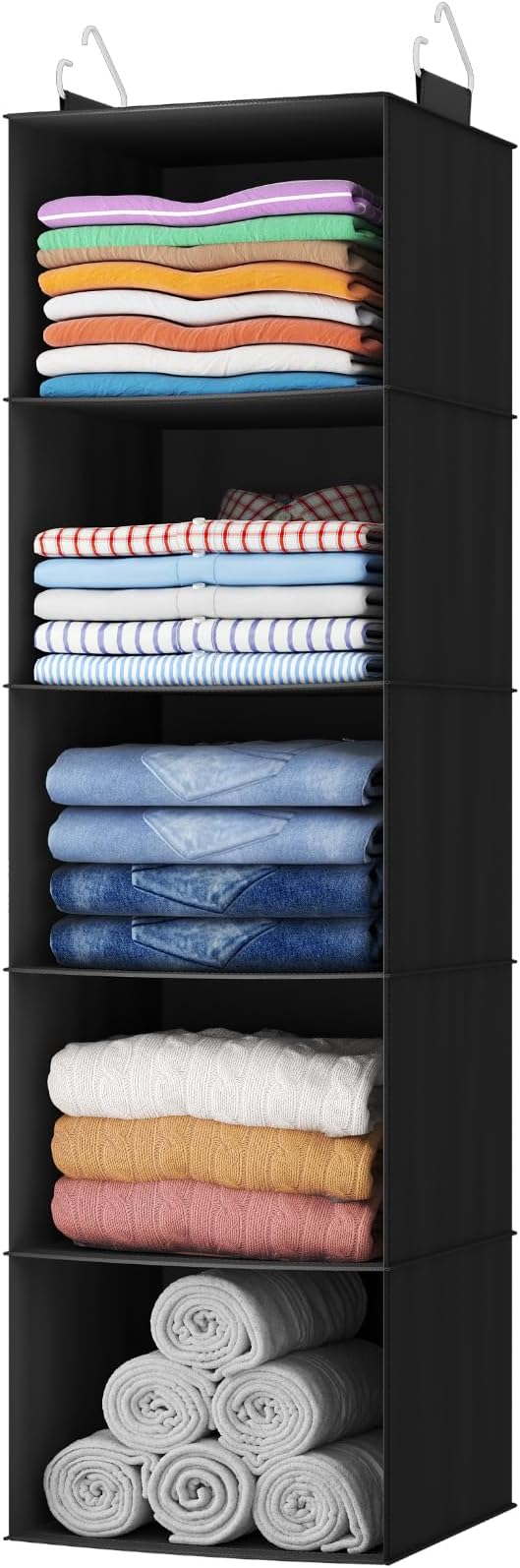Lifewit 5 Tier Hanging Portable Closet Storage Organizer for Shelves, Black | Foldable Clothes Shelf with 2 Sturdy Hooks, Sweater/Coat/Shoes Clothing Organization for Wardrobe, Dorm, Bedroom