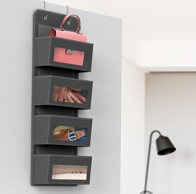 Simple Houseware 4 Clear Pocket Over Door Hanging Organizer, Dark Gray | Over the Door Storage for Closet, Bedroom, Bathroom, Pantry