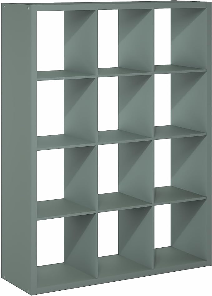 Furinno Cubicle Book Shelf, 12-Cube Bookshelf, Extra Thick Frame Reversible Bookcase with Open Back, 14.6" x 44" x 58", for Living Room, Bedroom, Home Office, Sage Green