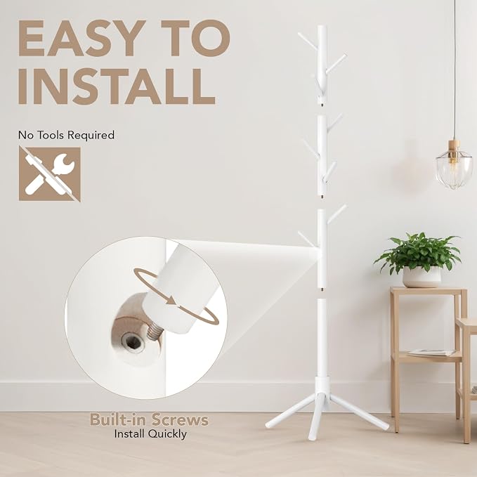 Hupmad Wooden Tree Coat Rack Stand,Sturdy Freestanding Coat Rack with 8 Hooks,3 Adjustable Height for Child Adult,Wood Coat Stand Tree Fits Entryway Bedroom Office for Bags,Hats, 2 Pack