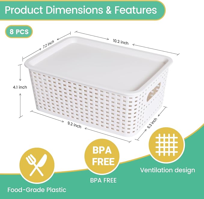 Plastic Storage Baskets with Lid-Plastic Storage Containers Stackable Storage bins: Storage Baskets for Organizing Shelves Drawers Desktop Closet Playroom Classroom Office,8 Pack-White10.2x7.2x4.1Inch