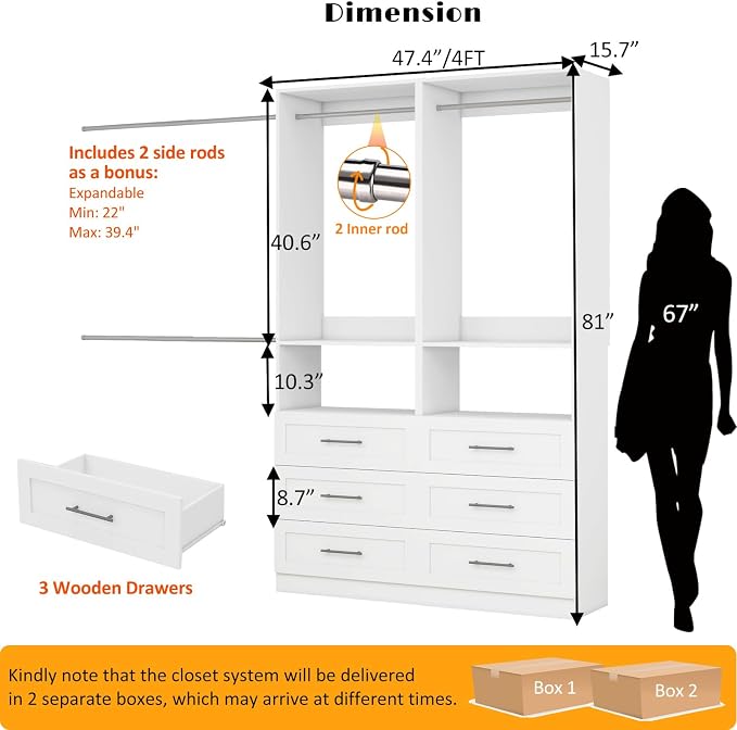 Dilando Closet System with 6 Drawers 4FT-10FT Closet Organizer System Walk-in Closet Freestanding Modular Custom Corner Closets Storage with 4 Hanging Rods & 2 Shelf White (4FT)