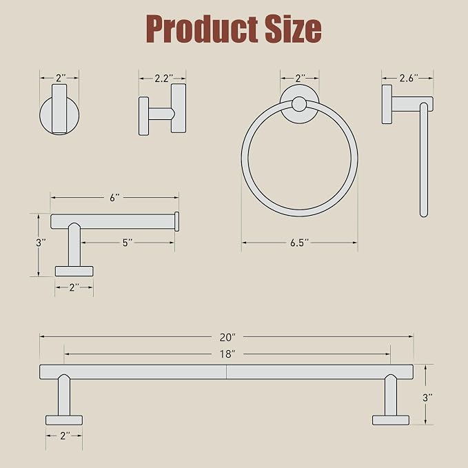 Luxbaro 18 Inch Brushed Gold Bathroom Accessories, Thicken, 5-Piece | Modern Towel Bar Set, Wall Mounted Towel Racks for Bathroom, Durable SUS304 Stainless Steel Bathroom Accessories Set