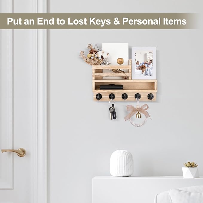 Key and Mail Holder Wall Mount, Key Hanger with Long Storage Box and Key Hooks for Coat, Dog Leash, Home Decor Rack, House Accessories, Entry Way Organizer