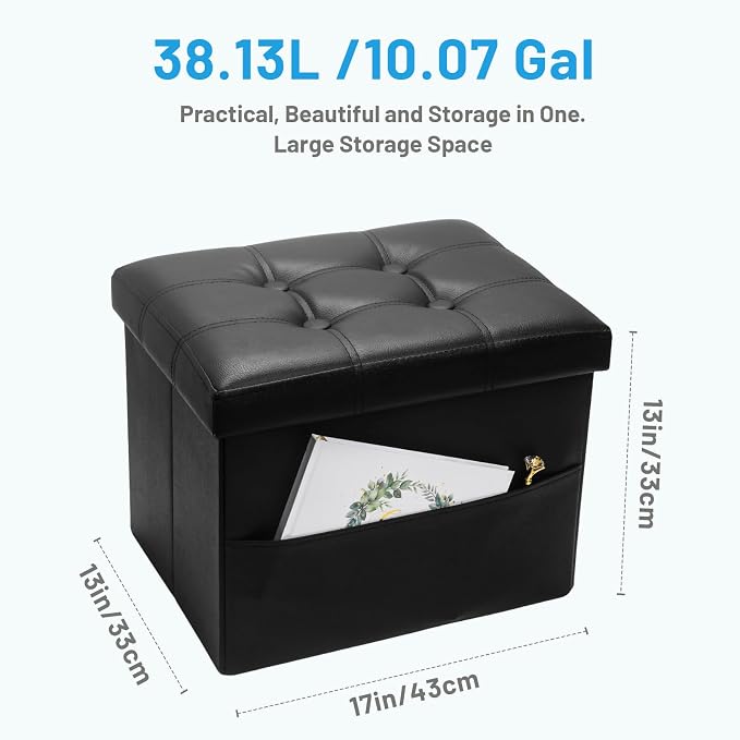 Bsketa Storage Ottoman Bench,17 Inch Folding Leather Foot Rest Stool, Black | Small Ottoman with Side Pockets, Thicker Foam Padded Seat, Livingroom, Dorm, Bedroom, Easy to install, 43L,17x13x13in