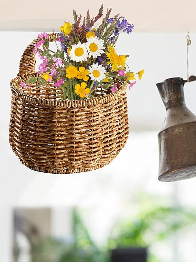 2 Wall Hanging Baskets Storage Basket Organizer For Flowers,Plants,Woven Baskets For Kitchen Bedroom Living Room Home Décor,Portable Wall Hanging Flower Basket Organizer Fruit Vegetable Rattan Box