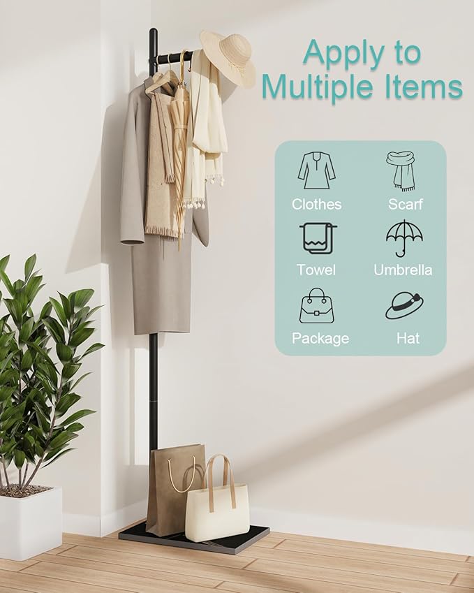 Yawinhe Metal Coat Racks with Square Base,L-Shaped Clothes Stand,Black | Freestanding Hall Tree for Bedroom;Clothes Hanger Stand Suitable for Entryway; Stable Clothing Rack for Hallway