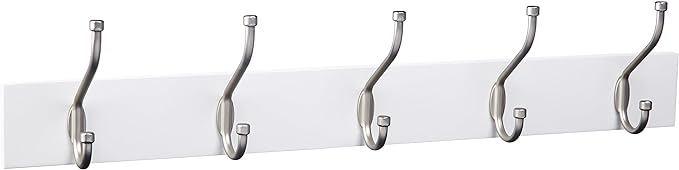 Amazon Basics Rectangular Farmhouse Wall-Mounted Coat Rack for Entryway and Bedroom, Storage Organizer, 5 Hooks, White