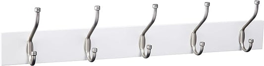 Amazon Basics Rectangular Farmhouse Wall-Mounted Coat Rack for Entryway and Bedroom, Storage Organizer, 5 Hooks, White