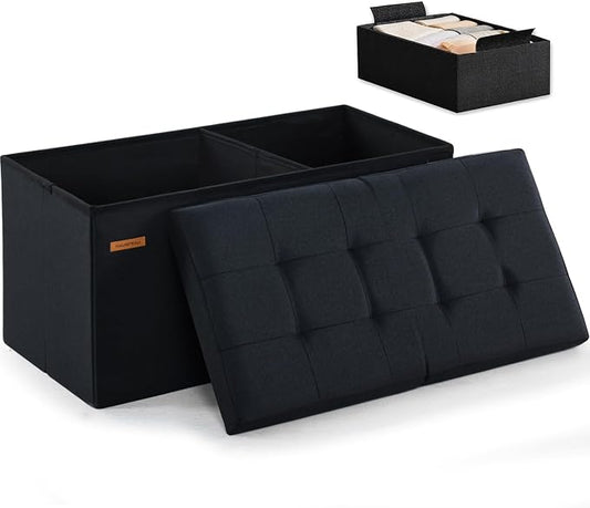 HAUSFRAU Ottoman with Storage Bench Folding Foot Rest Stool Linen Black | 31.5", Flip Lid, Small Upholstered Foldable Footrest Footstool, Bedroom Bench, Living Room Dorm Ottoman, Rectangle