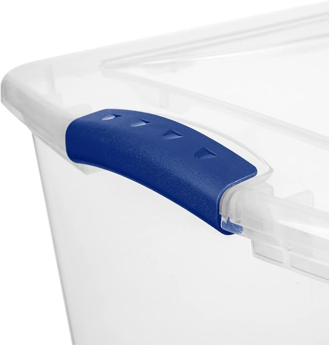 Large Storage Bin with Latch Lid (4 Pack) – 66 Quart Clear Plastic Storage Container, Blue Latches, Stackable Bins for Home Organization