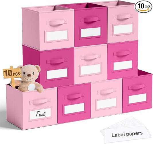 Teenyyou 10 Pack Fabric Storage Cubes 11 Inch Collapsible Cube Bins with Label Window & Handle Foldable Organizers Baskets for Shelf Closet Nursery Kids Room Clothes Book Toy(Pink, Rose Red)