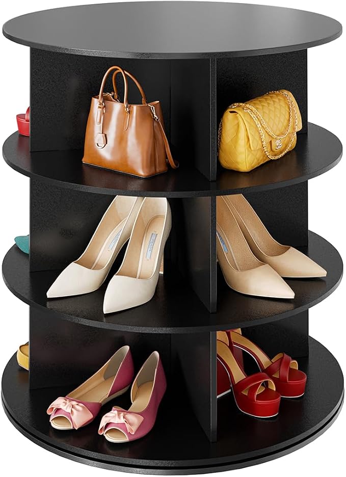 SpaceAid 3 Tier Rotating Shoe Rack Tower, Spinning Shoe Display Lazy Susan, Revolving 360 Shoe Rack Storage Round Carousel, Vertical Handbag Rotate Shoes Closet Organization (3-Tier Black)