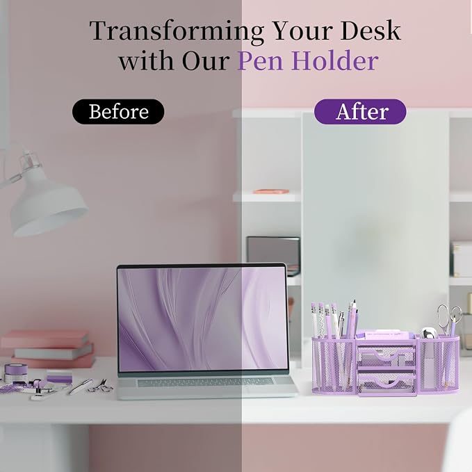 Mesh Desk Organizer, Desk Organizers and Accessories with Drawers, Pen Holder for Desk with 2 Drawers with 9 Compartments for Office Supplies, Purple