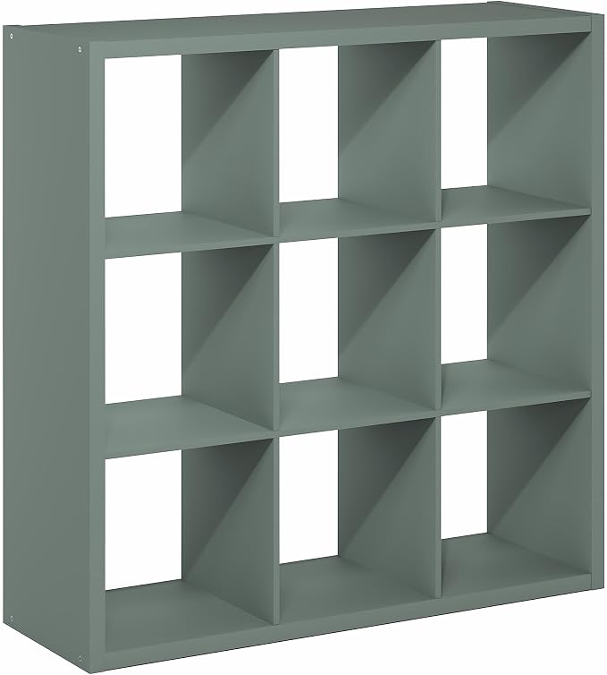 Furinno Cubicle 9-Cube Book Shelf, Extra Thick Frame Bookshelf, Sage Green | 14.6" x 44" x 44", Reversible Bookcase with Open Back, for Living Room, Bedroom, Home Office
