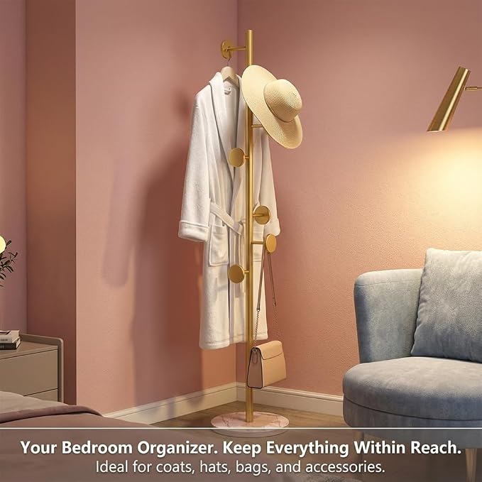 Coat Rack Freestanding Gold Coat Rack For Clothing Hats Bags Ties Purses | Sturdy Metal Clothes Rack with Marble Base & 7 Hooks, Heavy Duty Clothing Hanger Hall Tree Stand for Entryway Bedroom Hallway