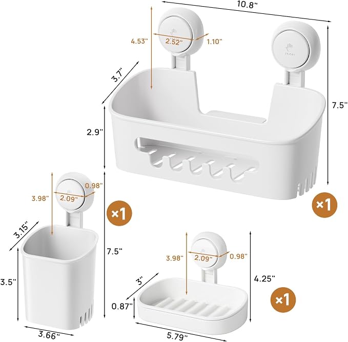 LEVERLOC Shower Caddy Suction Cup Set Shower Organizer & Soap Holder & Toothbrush Holder, Bathroom Shelf Basket NO-Drilling, Removable Suction Storage Waterproof Bathroom Caddy, White | Toothbrush Holder, NO-Drilling Bathroom Shelf, Removable Suction S...