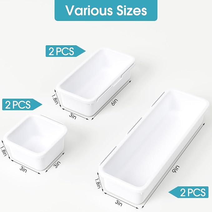 6 PCS Drawer Organizer Set, 3 Size Makeup Drawer Divider Organizer With Non-Slip Pads, Interlocking Plastic Storage Bins for Office,Jewelry Vanity,Gadgets, Bathroom,Kitchen, White