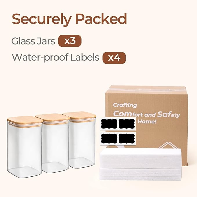 ComSaf Glass Storage Containers wtih Lids 1.4 Qt, Set of 3 Galss Jars | Glass Pantry Storage Containers, Square Kitchen Canisters, Lid with Silicone Seal, Cookie, Cereal, Coffee, 44oz, BPA Free
