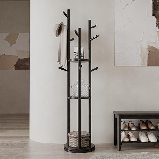 Muwuele Solid Wood Rotary Coat Rack, Freestanding Coat Rack with 3 Shelves and 9 Hooks, Coat tree for Bedroom, Entryway, Livingroom, Coat Hanger Stand for Coats, Scarves, Handbags (Black)