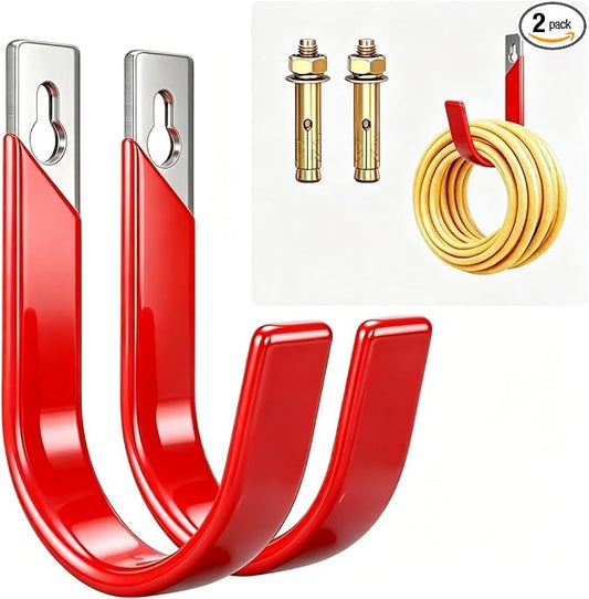 Heavy Duty Metal Garage Hooks Wall Mount 2 Pack, Garage Hanger Utility Storage Hooks for Outside, Hose Rack Suitable for Garage,Garden and Yard,Red