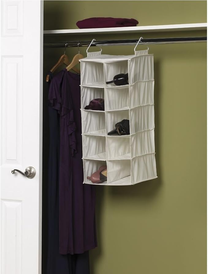 Household Essentials 311344 10 Pocket Hanging Shoe Storage Organizer for Closets | Natural Canvas