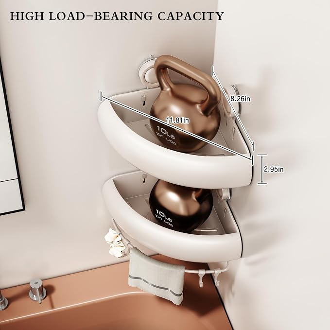 CICUFY Shower Caddy Suction Cup, 1 Pack No Drilling Corner Shower Shelves, Rust Proof Bathroom Storage Organizer, Shower Corner Caddy with Removable Hooks and Towel Bar, Triangle, Cream