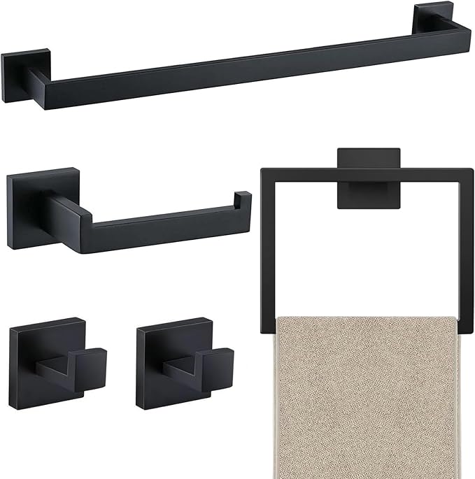 JOPOFI 5 Piece Towel Bar Set - 23.6Inch Bathroom Towel Holder - Matte Black | Stainless Steel Towel Racks for Bathroom Wall Mounted, Towel Rod for Bathroom Wall