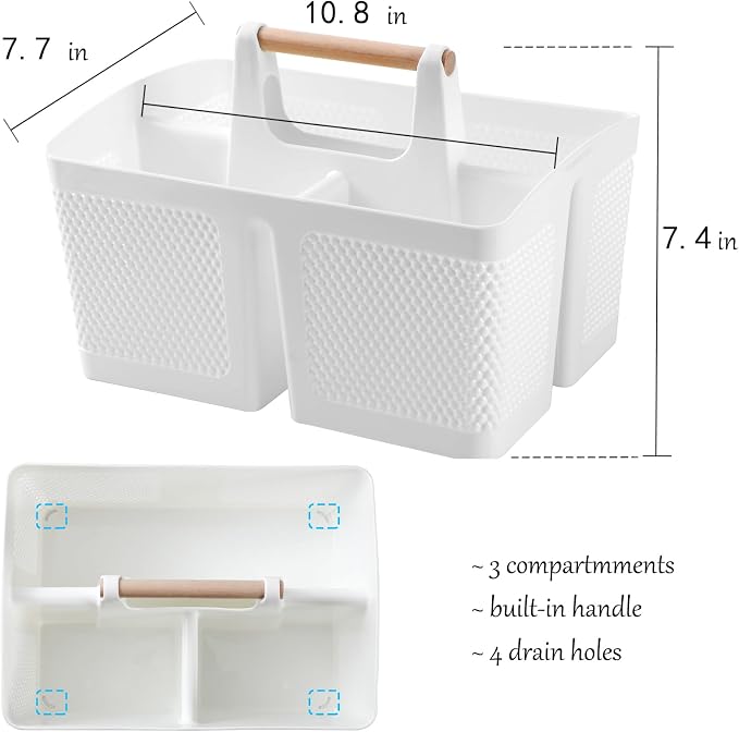 rejomiik Portable Shower Caddy Basket Plastic Cleaning Caddy Organizer Storage Tote with Handle for Bathroom, College, Dorm Room Essentials, White | Cleaning Caddy Organizer for Bathroom, College Dorm Room Essentials, Storage Tote