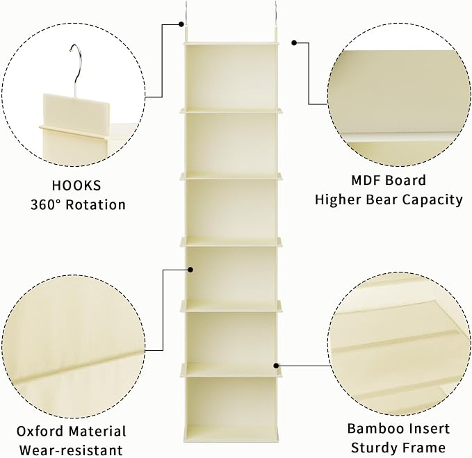 YOUDENOVA Hanging Closet Organizer, 6-Shelf Closet Hanging Shelves, Beige